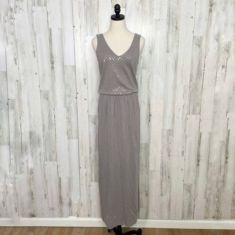 Garnet Hill Festive Sequin Tank Maxi Dress Gray Wedding Party Preppy Size S